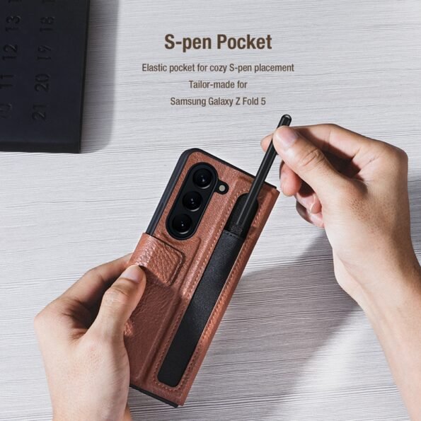 Galaxy Z Fold5 Genuine Leather Flip Case Cover With Pen Slot