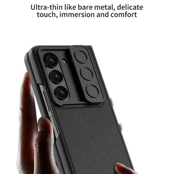 Z Fold 5 Leather Case Camera Slider Ultra Thin Back Cover (Black)