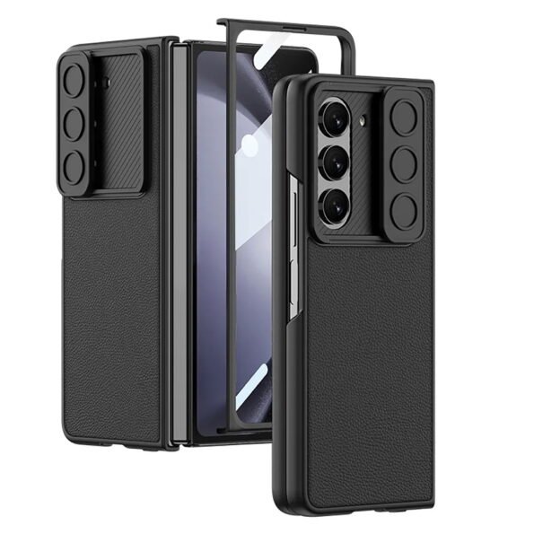 Z Fold 5 Leather Case Camera Slider Ultra Thin Back Cover (Black)